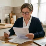 Mère de famille belge consultant des documents administratifs relatifs aux allocations familiales à la table de sa cuisine