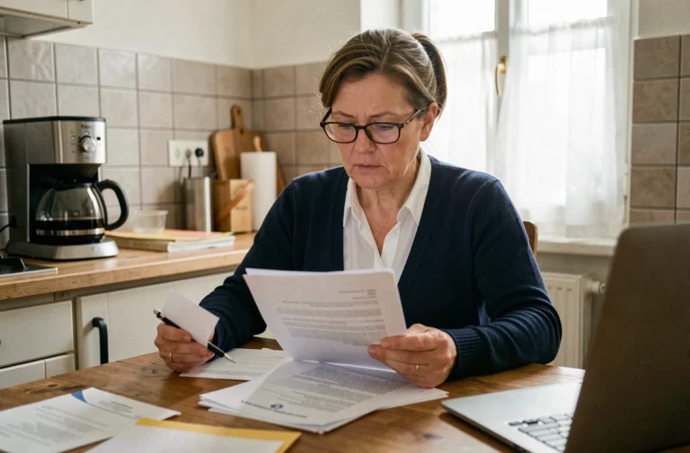 Mère de famille belge consultant des documents administratifs relatifs aux allocations familiales à la table de sa cuisine