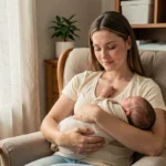 Jeune mère tenant son nouveau-né dans une chambre de bébé apaisante avec des tons pastels et du mobilier en bois naturel