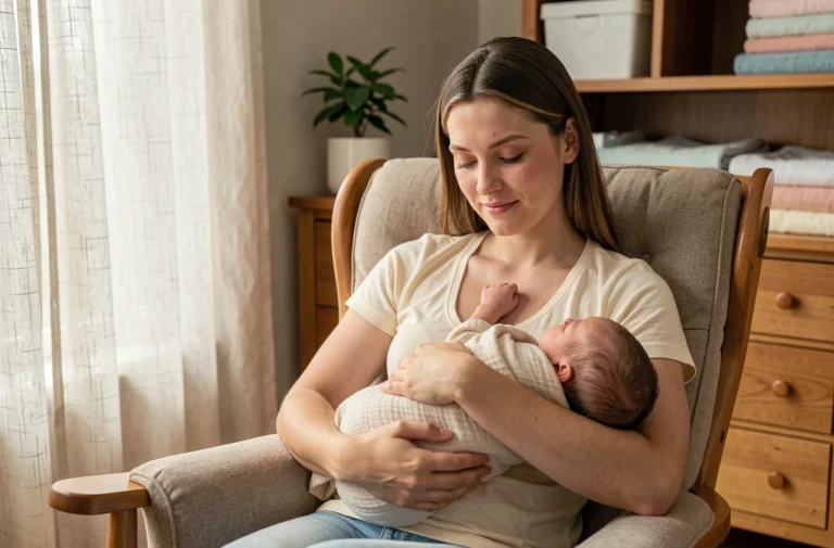 Jeune mère tenant son nouveau-né dans une chambre de bébé apaisante avec des tons pastels et du mobilier en bois naturel