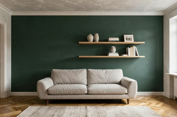Mur d'accent vert forêt profond structurant un salon moderne avec canapé en lin et étagère flottante décorée