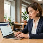 Auto-entrepreneuse naviguant sur le site Club Auto-Entrepreneurs depuis un espace de coworking moderne