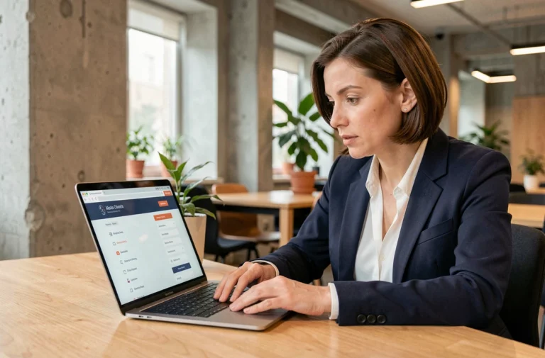 Auto-entrepreneuse naviguant sur le site Club Auto-Entrepreneurs depuis un espace de coworking moderne
