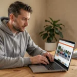 Homme naviguant sur un blog automobile via un sitemap sur son ordinateur portable dans un bureau à domicile