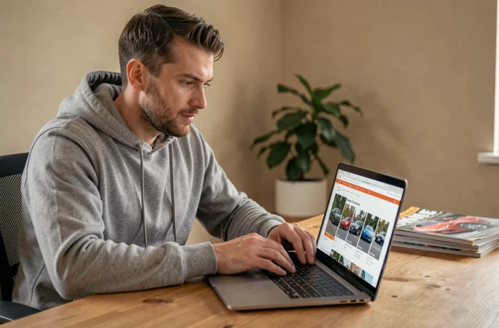 Homme naviguant sur un blog automobile via un sitemap sur son ordinateur portable dans un bureau à domicile