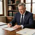 Notaire en costume sombre examinant un acte de vente immobilier dans son étude notariale