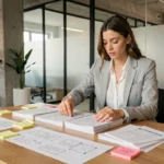 Femme professionnelle organisant des diagrammes de structure de site web sur un bureau en bois dans un bureau moderne