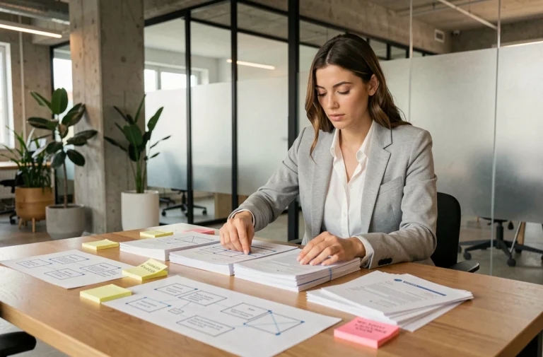 Femme professionnelle organisant des diagrammes de structure de site web sur un bureau en bois dans un bureau moderne