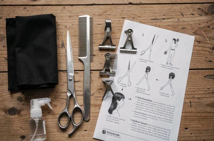 Planche d'outils professionnels pour se couper les cheveux à la maison : ciseaux, tondeuse, peigne et accessoires de coiffure
