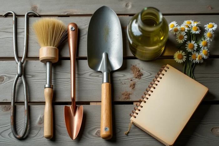Vue de dessus d'outils de jardinage écologique et biologiques posés sur des planches en bois avec un carnet de notes et des fleurs séchées
