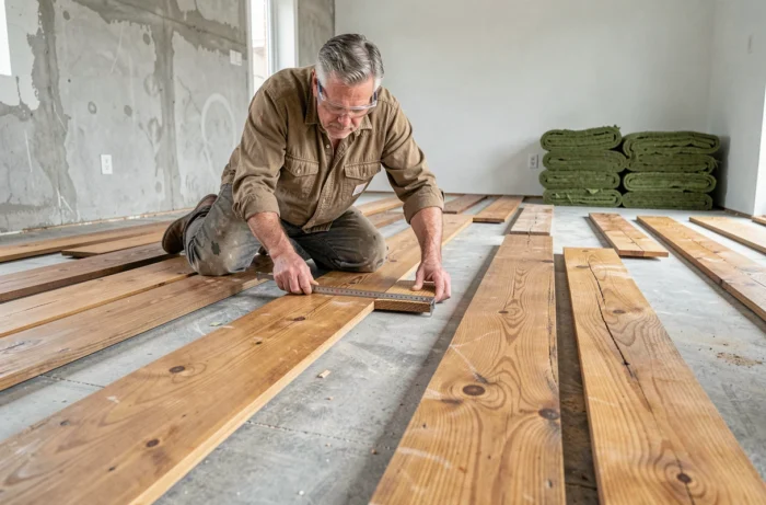 Artisan posant un parquet en chêne recyclé dans une maison en cours de rénovation écologique