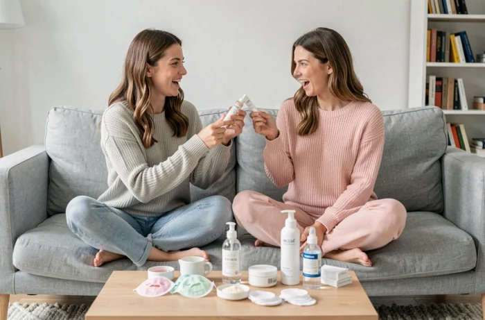 Deux amies partageant des conseils beauté et testant des produits de soin sur un canapé en lin