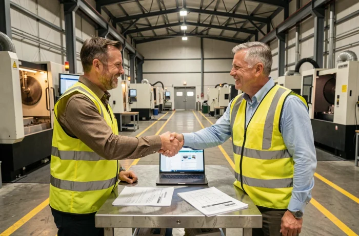 Deux partenaires industriels concluant un accord commercial dans une usine de fabrication grâce à une marketplace B2B