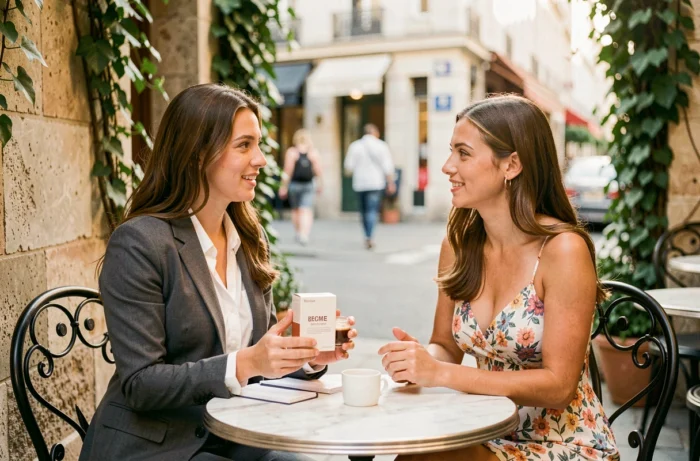 Influenceuse lifestyle et représentante de marque lors d'une réunion de partenariat commercial en terrasse de café parisien