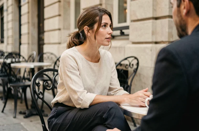 Pauline Sanzey et son compagnon attablés en terrasse parisienne, préservant leur intimité loin des regards