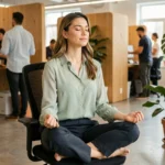 Femme professionnelle pratiquant une pause de pleine conscience au bureau dans un espace de travail moderne et verdoyant