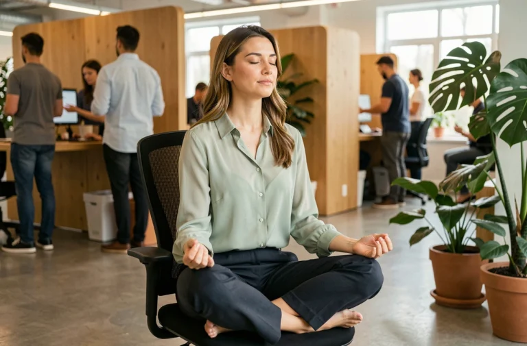 Femme professionnelle pratiquant une pause de pleine conscience au bureau dans un espace de travail moderne et verdoyant