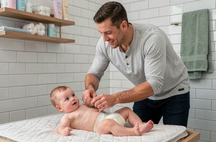 Père changeant la couche de son bébé sur une table à langer organisée dans un espace moderne et fonctionnel