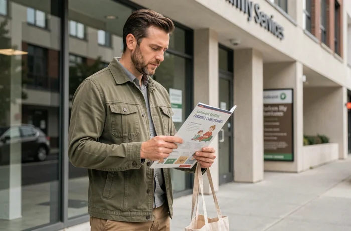 Père de famille lisant une brochure sur les services dédiés aux enfants devant un centre familial moderne