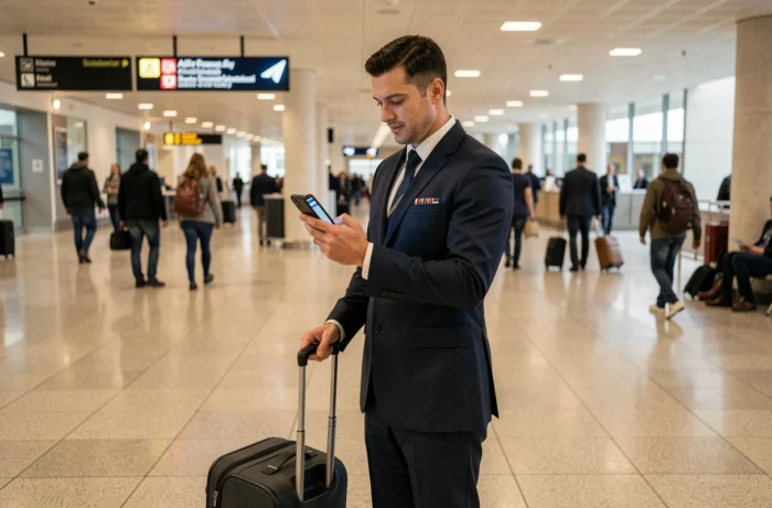 Personnel navigant Air France accédant à IntraLignes depuis son smartphone dans un terminal d'aéroport