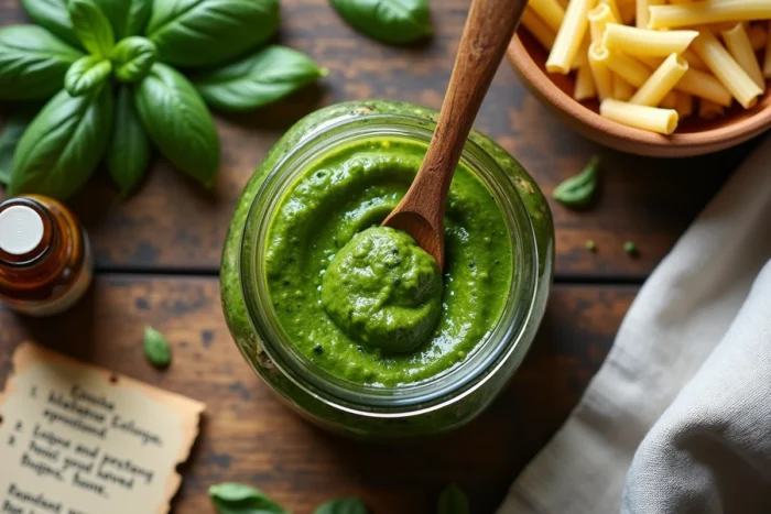 Plat de pâtes au pesto avec liste d'ingrédients et vitamines prénatales sur une table en bois