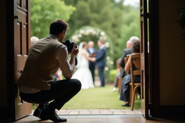 Photographe accroupi capturant discrètement une cérémonie de mariage en plein air dans un jardin, illustrant le débat entre curiosité publique et vie privée