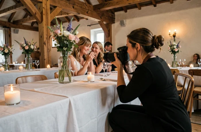 Photographe professionnelle en action capturant un moment émouvant entre la mariée et sa mère lors d'une réception de mariage en intérieur