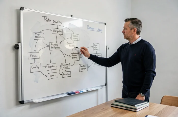 Homme debout devant un tableau blanc avec une architecture de site web dessinée à la main lors d'une session de planification