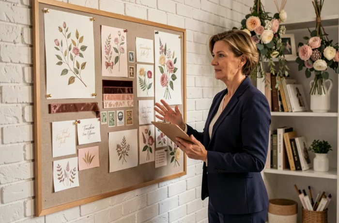 Planificatrice de mariage présentant un tableau d'inspiration élégant avec des thèmes floraux et des palettes de couleurs dans un studio événementiel