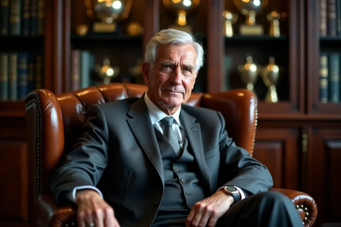 Portrait d'un homme élégant aux cheveux argentés assis dans un bureau rempli de trophées de football, évoquant la carrière et la vie privée de Michel Platini