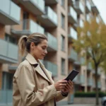 Femme consultant des documents immobiliers devant un immeuble résidentiel moderne à Créteil en 2026
