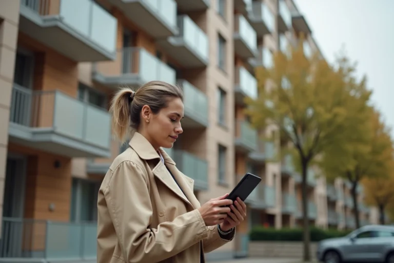 Femme consultant des documents immobiliers devant un immeuble résidentiel moderne à Créteil en 2026