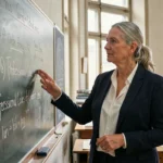 Professeure expliquant les principes d'éthique et de déontologie devant un tableau noir dans une salle de cours universitaire