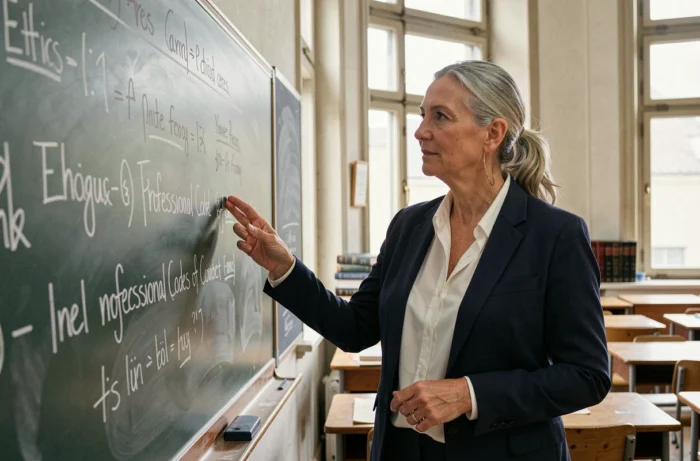 Professeure expliquant les principes d'éthique et de déontologie devant un tableau noir dans une salle de cours universitaire