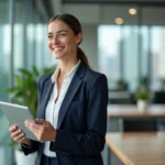 Professionnelle de l'immobilier CBRE souriante dans un bureau moderne avec vue sur la ville