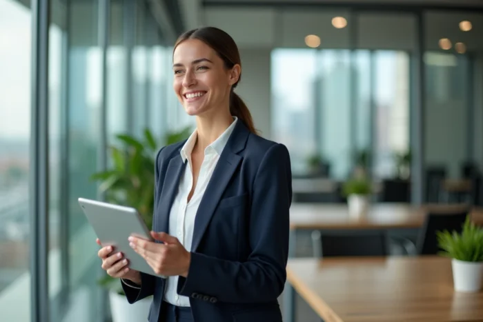 Professionnelle de l'immobilier CBRE souriante dans un bureau moderne avec vue sur la ville