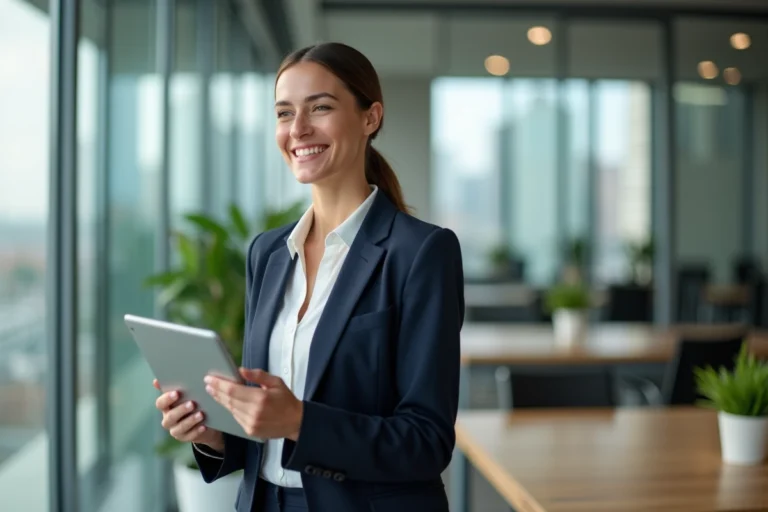 Professionnelle de l'immobilier CBRE souriante dans un bureau moderne avec vue sur la ville
