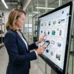 Professionnelle utilisant une interface numérique pour rechercher des fournisseurs industriels sur une marketplace B2B