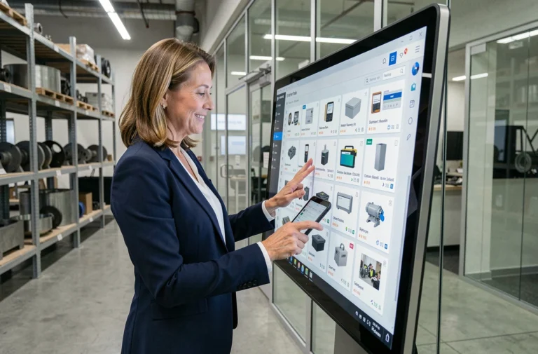Professionnelle utilisant une interface numérique pour rechercher des fournisseurs industriels sur une marketplace B2B