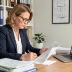 Propriétaire immobilière étudiant les conditions de prolongation de la loi Pinel dans son bureau à domicile