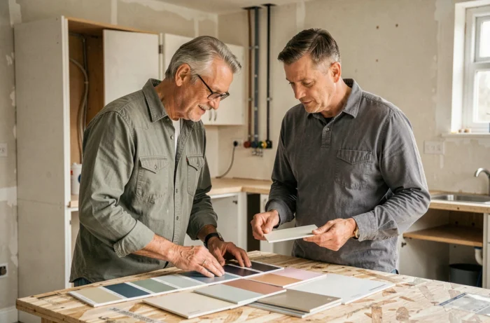 Couple de propriétaires choisissant des matériaux lors de la rénovation de leur cuisine