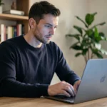 Homme concentré configurant un logiciel de sécurité informatique sur son ordinateur portable dans un bureau à domicile moderne