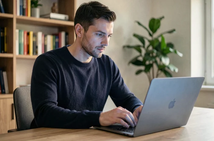 Homme concentré configurant un logiciel de sécurité informatique sur son ordinateur portable dans un bureau à domicile moderne