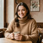 Femme portant un pull en cachemire camel dans un café parisien en hiver, tenant une tasse de boisson chaude
