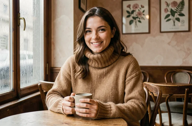 Femme portant un pull en cachemire camel dans un café parisien en hiver, tenant une tasse de boisson chaude