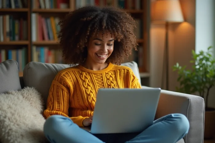 Jeune femme cherchant un emploi sur une plateforme de recrutement spécialisée depuis son domicile