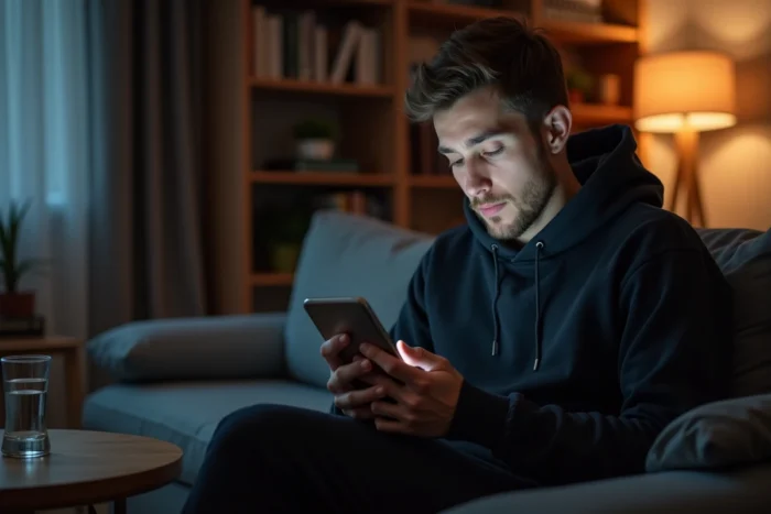 Jeune homme utilisant une application de recherche inversée de numéro de téléphone sur son smartphone