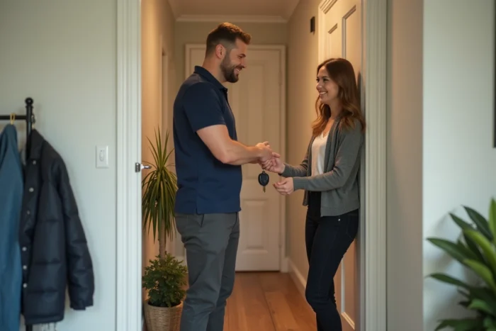 Propriétaire remettant les clés de son appartement à un couple de locataires dans un couloir d'entrée