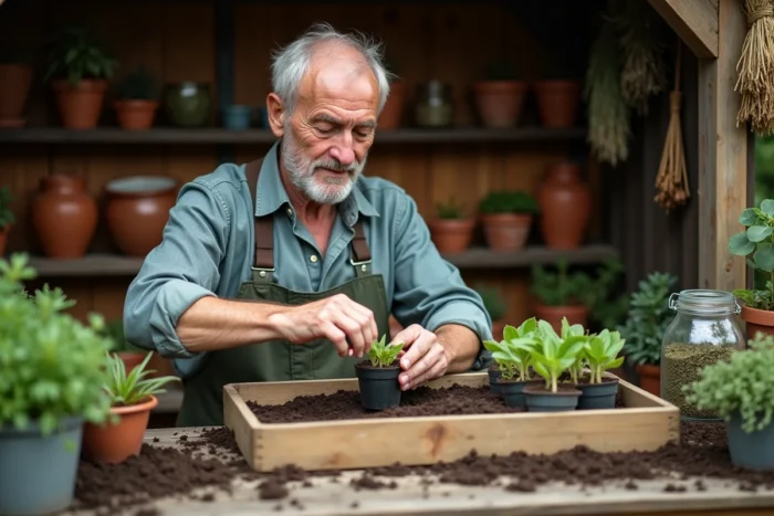 Jardinier âgé qui repique des plants de légumes dans des pots biodégradables sur une table de rempotage en bois