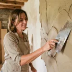 Femme appliquant un enduit en argile naturelle sur un mur intérieur lors d'une rénovation écologique